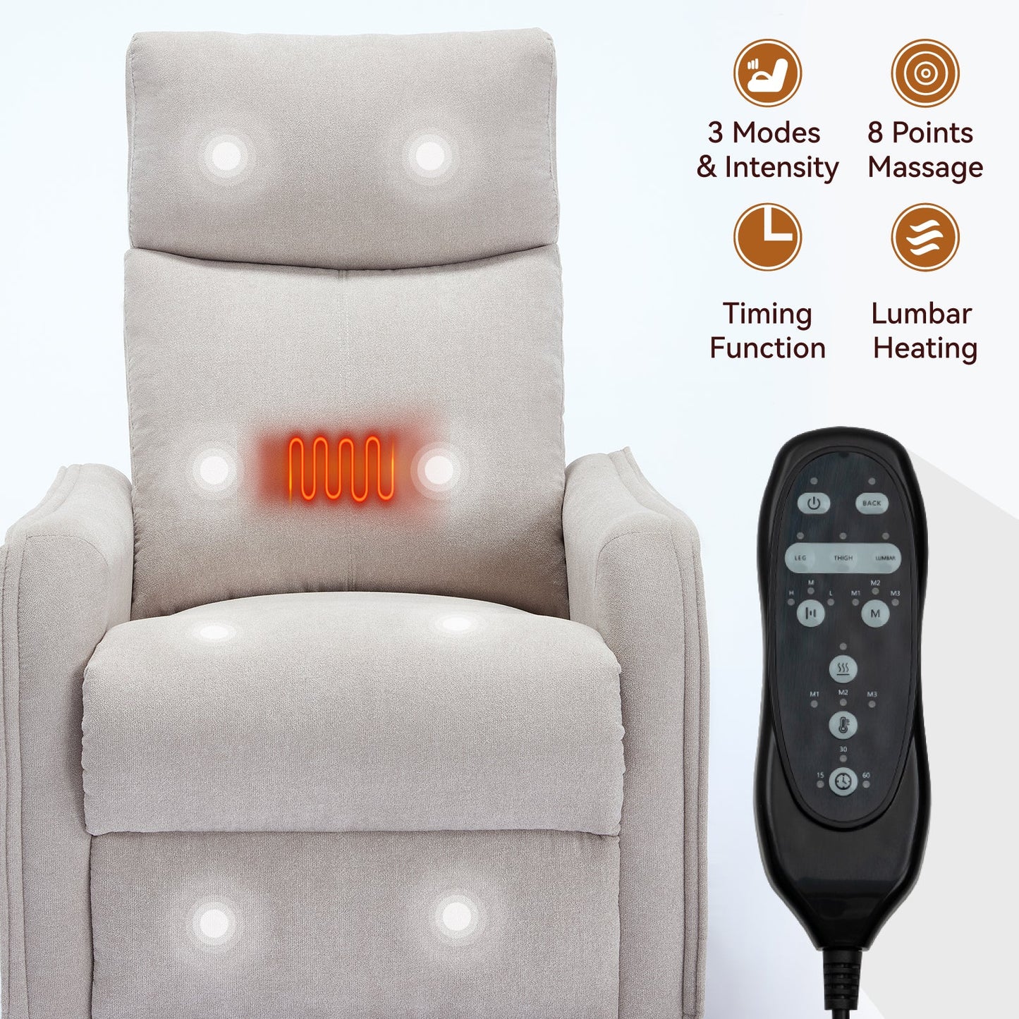 HouseOfZazla heat massage manual recliner chair in beige fabric with back heater and remote on Tampa Home & Garden Store