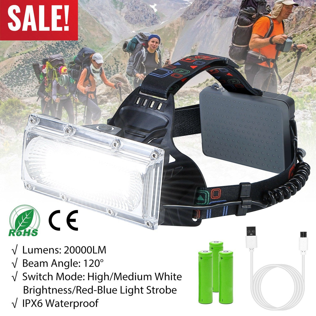GemGear 20000LM LED Work Headlamp with 3 modes, IP65 waterproof, rechargeable, rotatable on Tampa Home & Garden Store