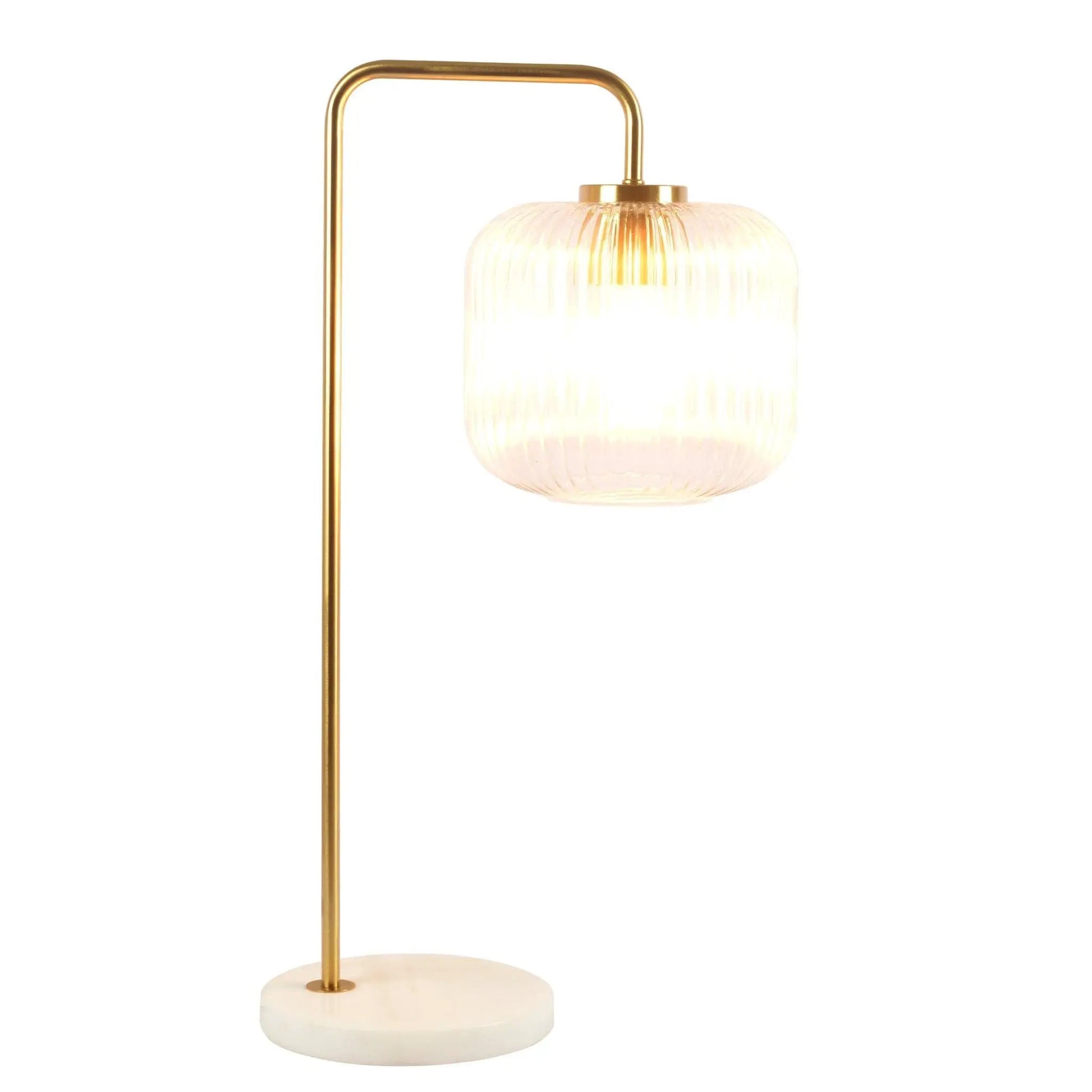 Haven clear table lamp with gold frame, ribbed glass shade, white marble base on Tampa Home & Garden Store