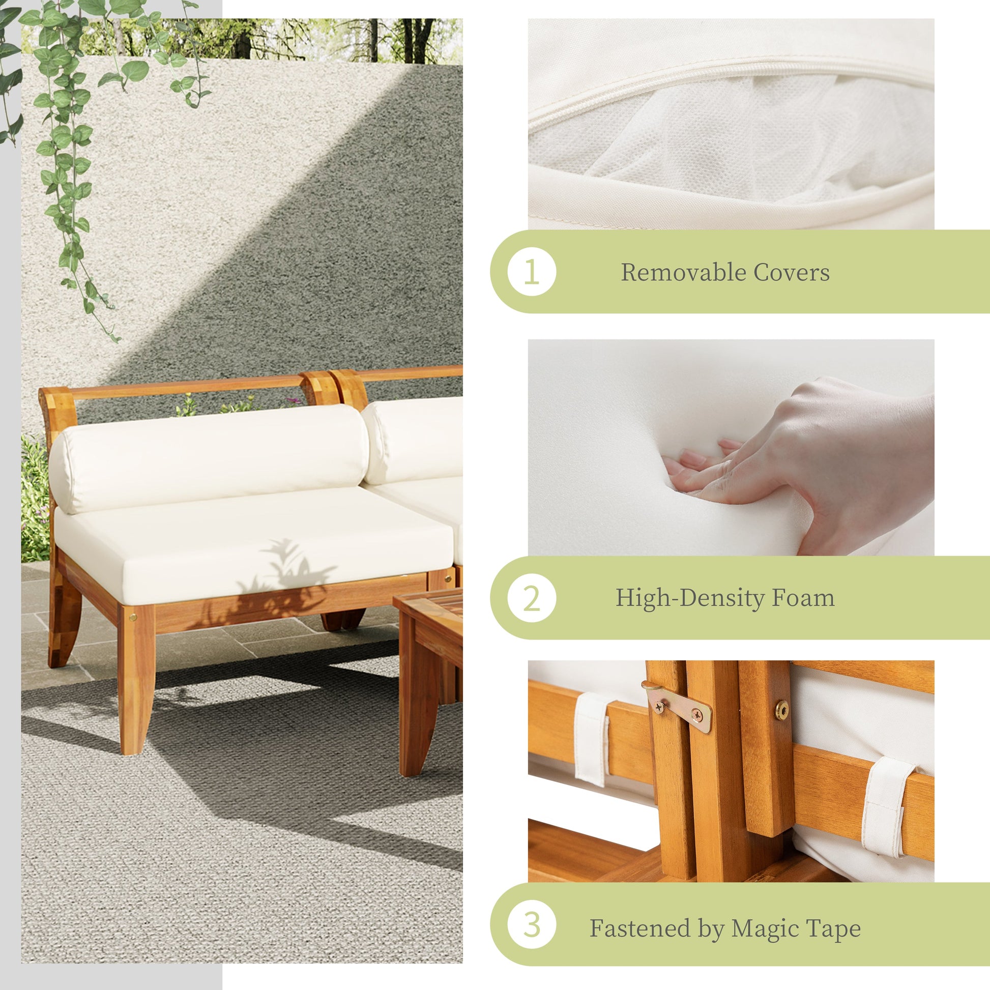 6 Piece Acacia Wood Outdoor Modular Sectional with Daybed and Tea Table in white cushions on Tampa Home & Garden Store