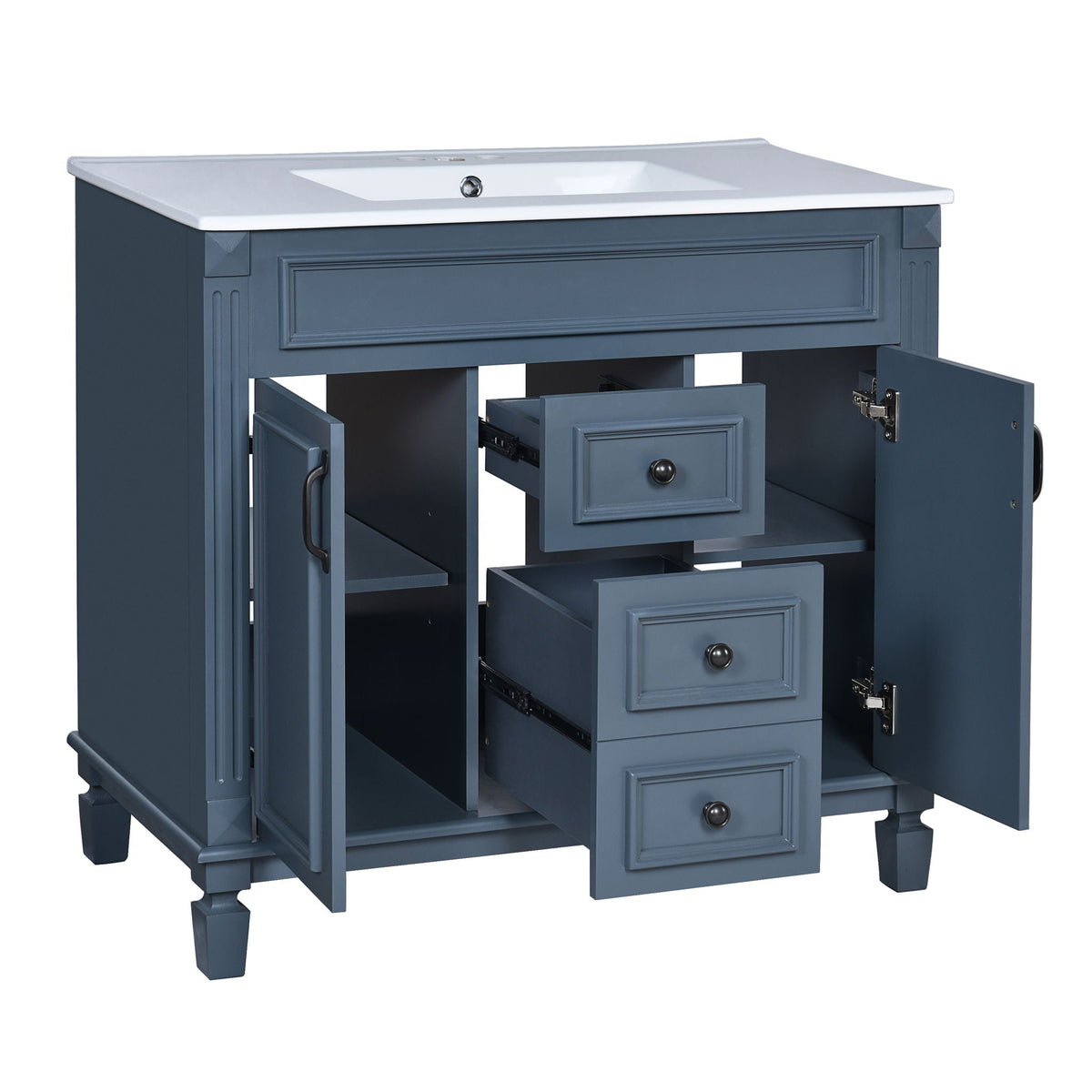 Blue bathroom vanity with white sink, drawers and cabinet doors on Tampa Home & Garden Store