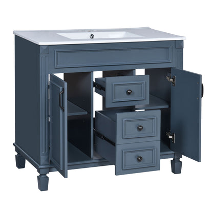 Blue bathroom vanity with white sink, drawers and cabinet doors on Tampa Home & Garden Store