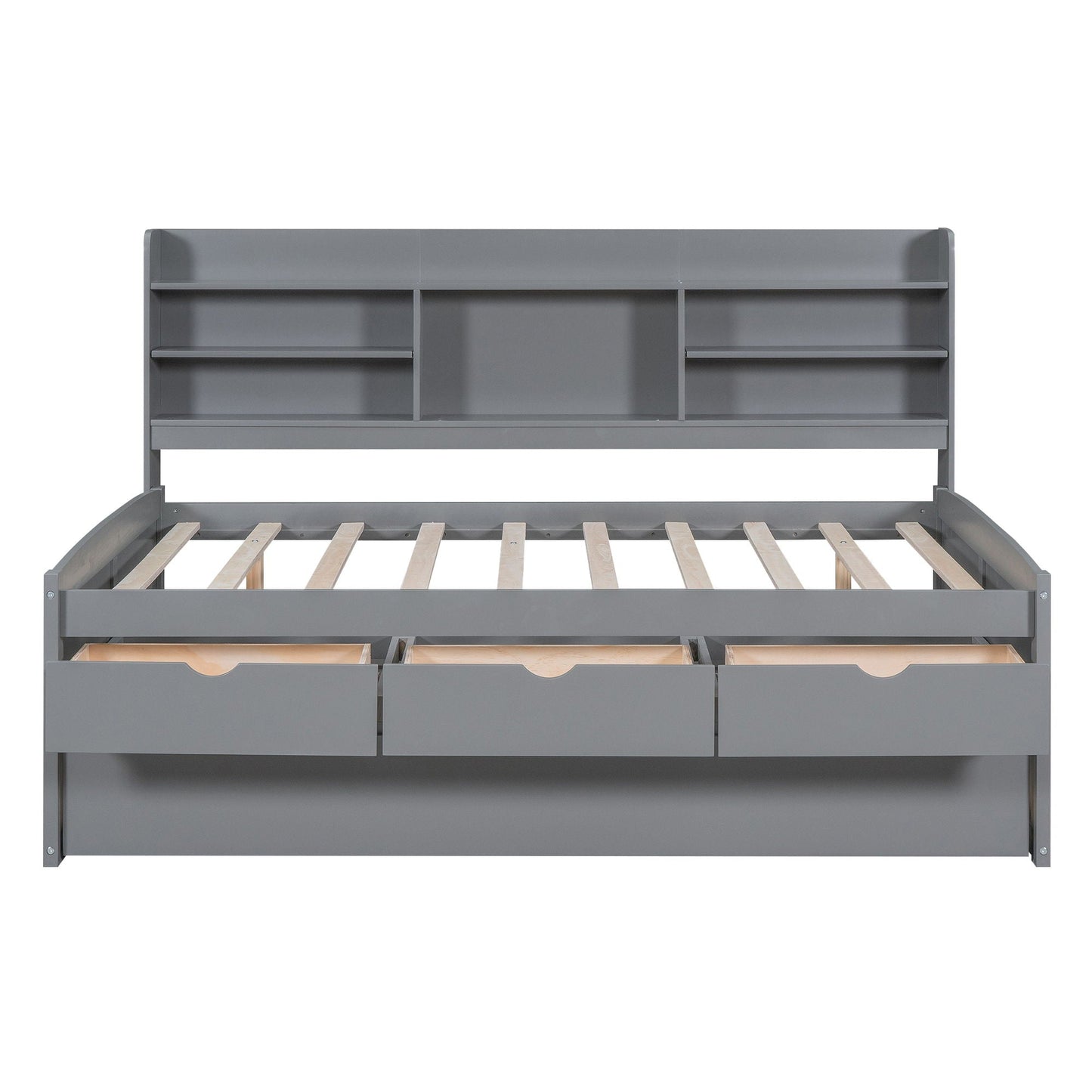 Captain bed with gray builtin bookshelves, 3 under-bed drawers, slatted frame on Tampa Home & Garden Store