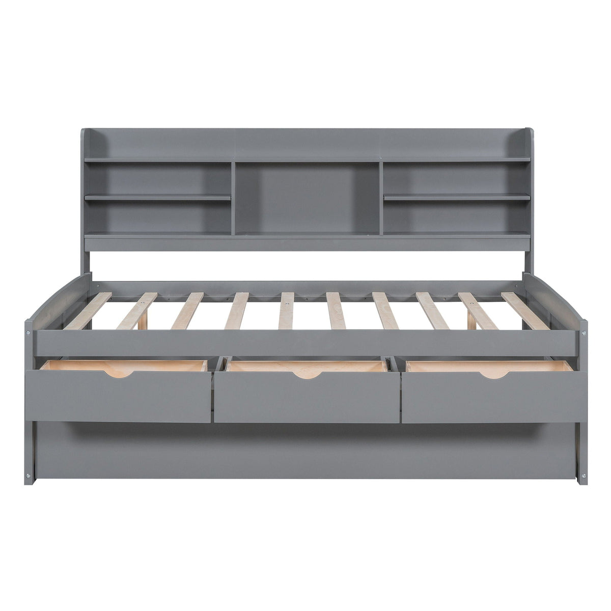 Captain bed with gray builtin bookshelves, 3 under-bed drawers, slatted frame on Tampa Home & Garden Store