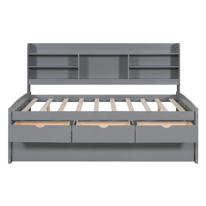 Captain bed with gray builtin bookshelves, 3 under-bed drawers, slatted frame on Tampa Home & Garden Store