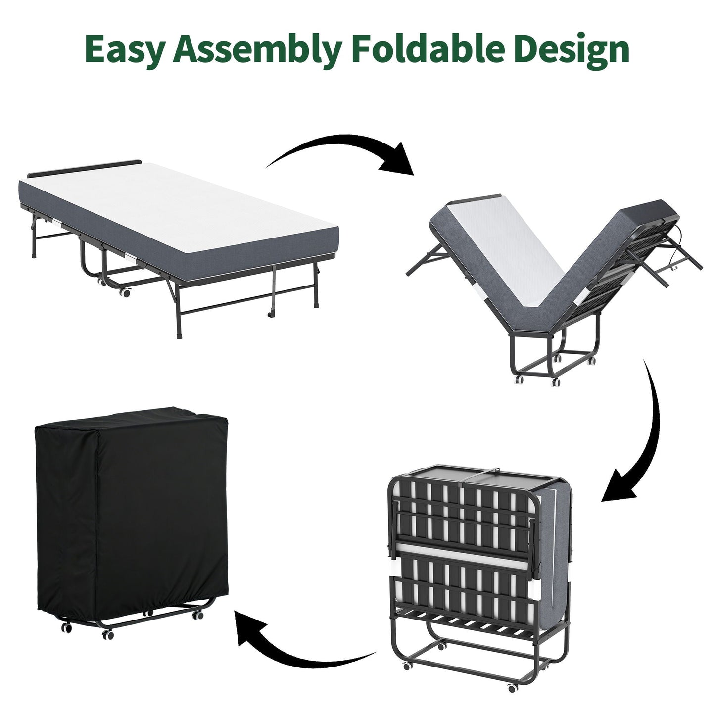 Twin folding bed with adjustable headboard and memory foam, black on wheels, HouseOfZazla on Tampa Home & Garden Store