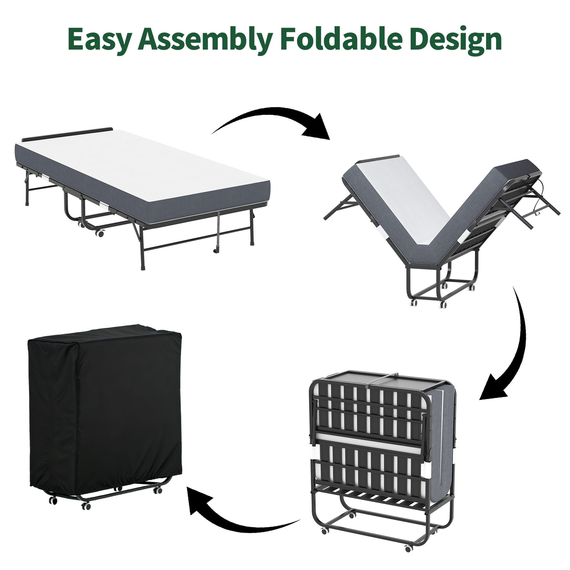 Twin folding bed with adjustable headboard and memory foam, black on wheels, HouseOfZazla on Tampa Home & Garden Store