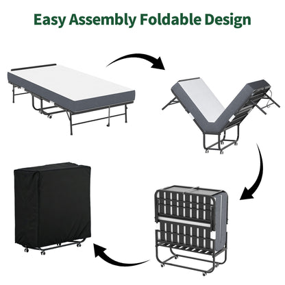 Twin folding bed with adjustable headboard and memory foam, black on wheels, HouseOfZazla on Tampa Home & Garden Store