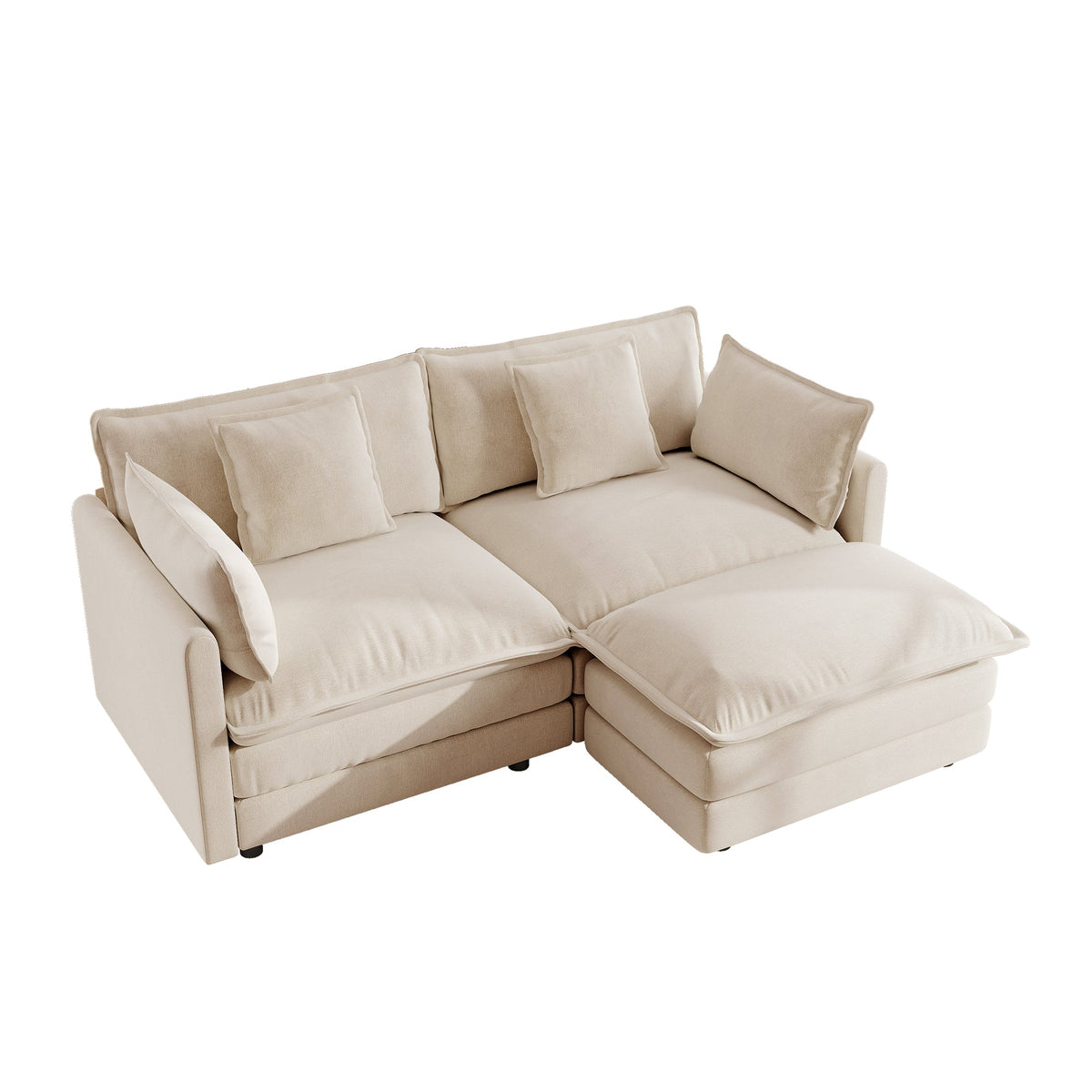 Beige chenille two-seater L-shaped sectional with matching ottoman and plush cushions on Tampa Home & Garden Store