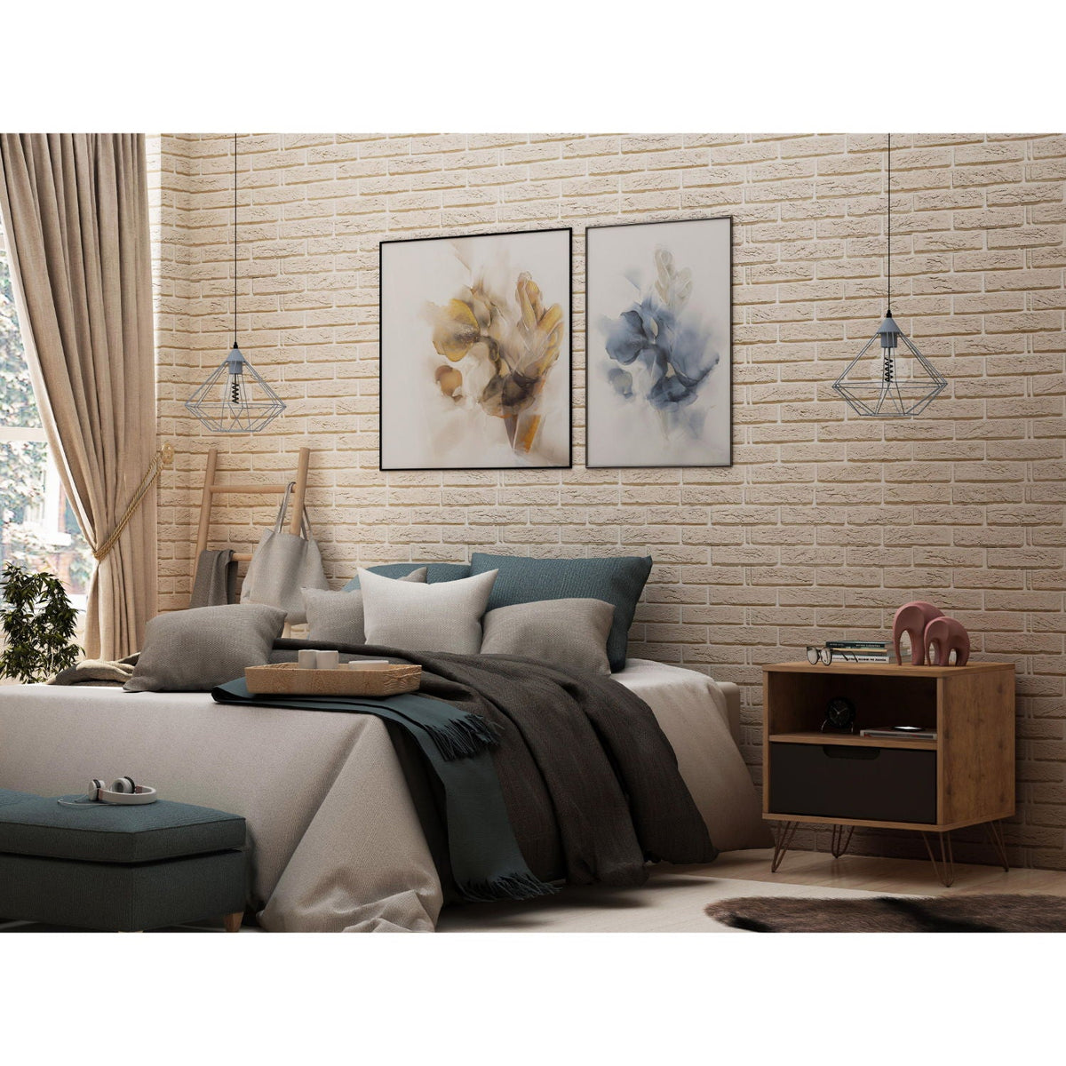 Rockefeller Nightstand with 1 drawer and splayed metal legs in light wood finish on Tampa Home & Garden Store