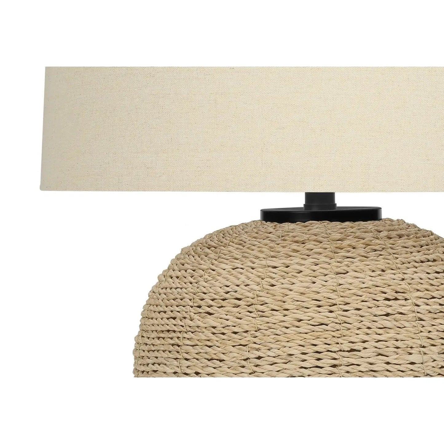 Table lamp with beige linen shade atop a large woven rattan base, transitional style on Tampa Home & Garden Store