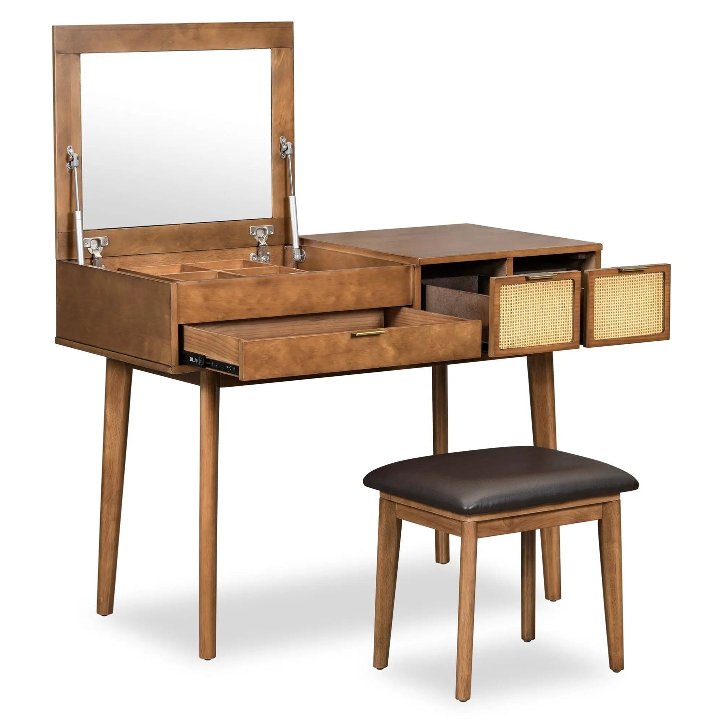 Two-piece vanity set with flip-top mirror, brown wood finish, three drawers and stool on Tampa Home & Garden Store