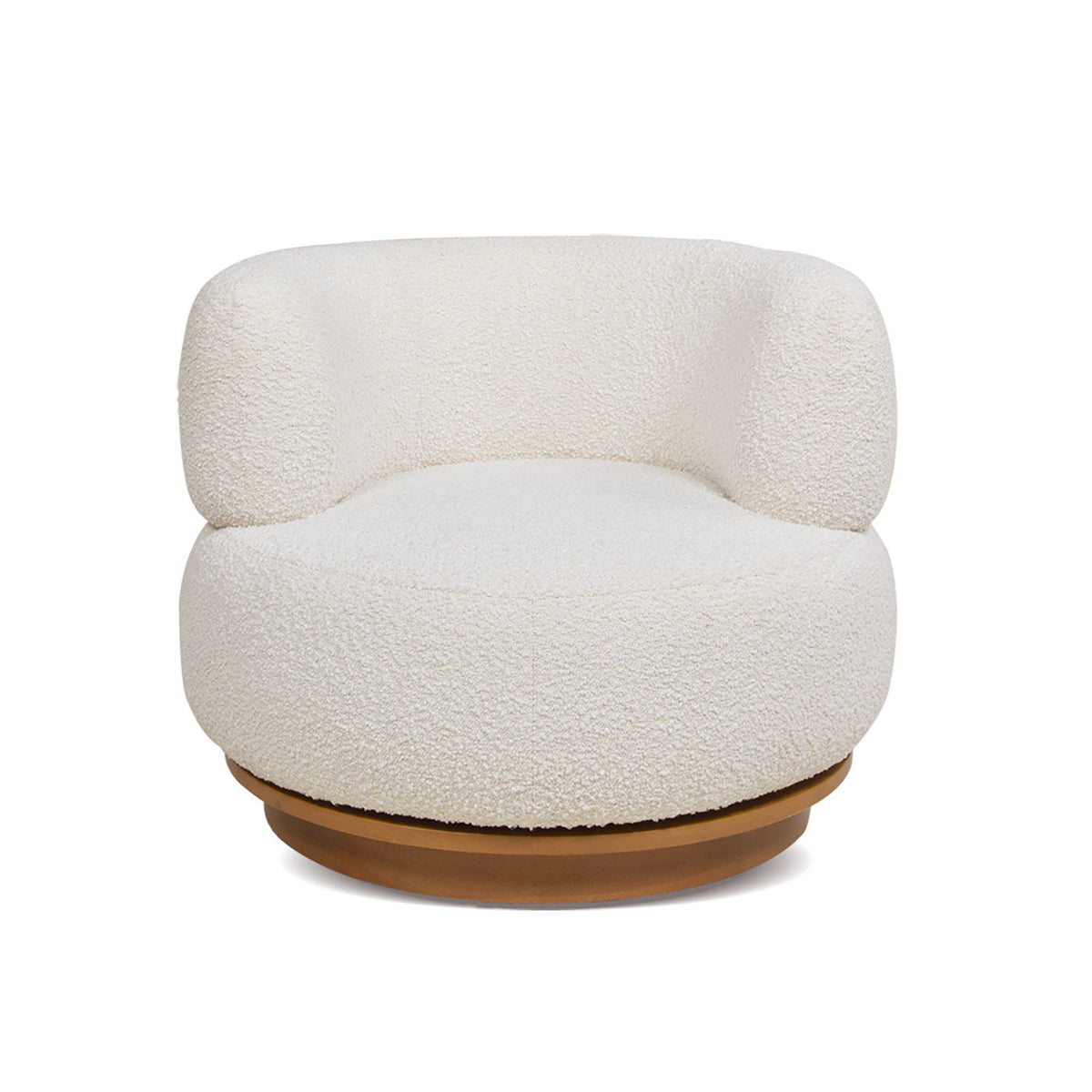 Ivory white swivel low barrel back accent chair in boucle fabric with wood base by HouseOfZazla on Tampa Home & Garden Store
