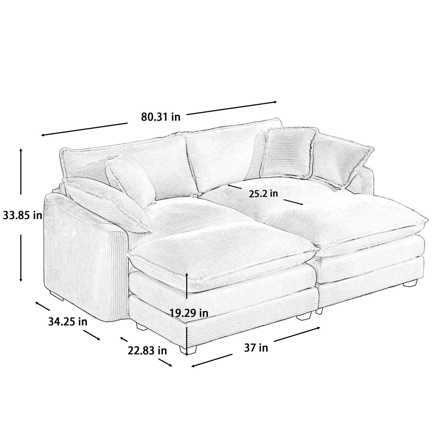 HouseOfZazla 2-piece modern oversized modular sofa with ottoman, deep seating, low back on Tampa Home & Garden Store