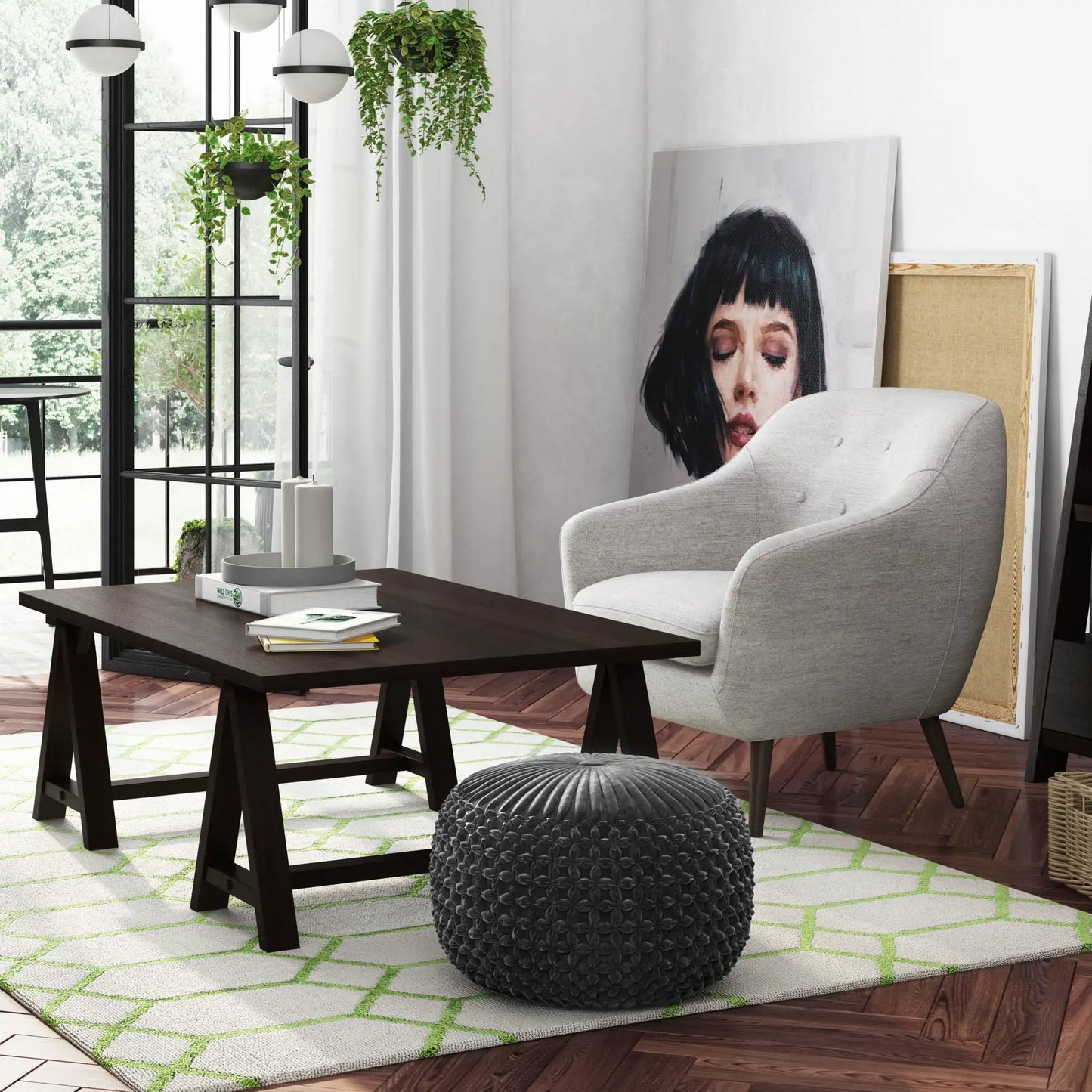 Renee Handcrafted Round Pouf gray knit texture by Unique Piece Furniture in modern living room on Tampa Home & Garden Store