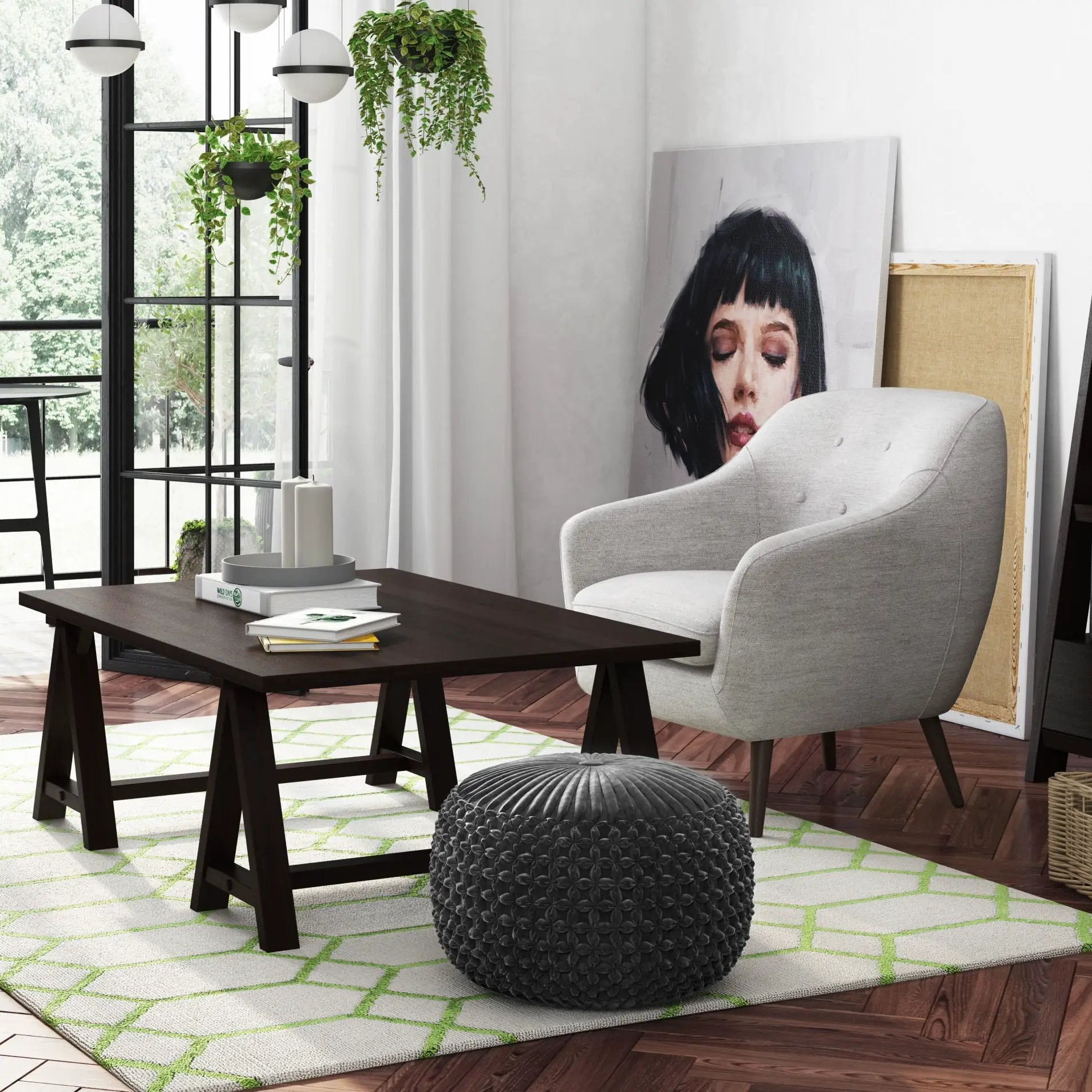 Renee Handcrafted Round Pouf gray knit texture by Unique Piece Furniture in modern living room on Tampa Home & Garden Store