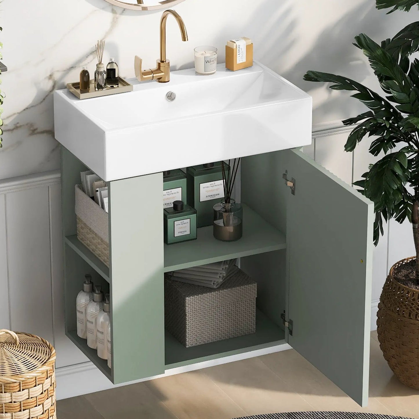 Compact Modern Floating Vanity with Ceramic Basin
