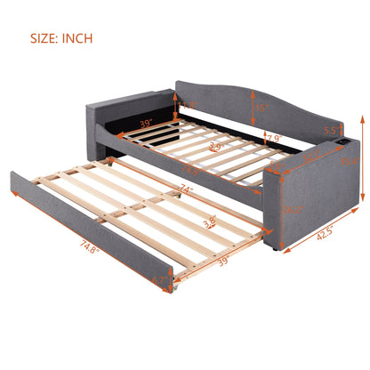 Upholstered grey daybed with storage armrests and trundle by HouseOfZazla with wood slat base on Tampa Home & Garden Store