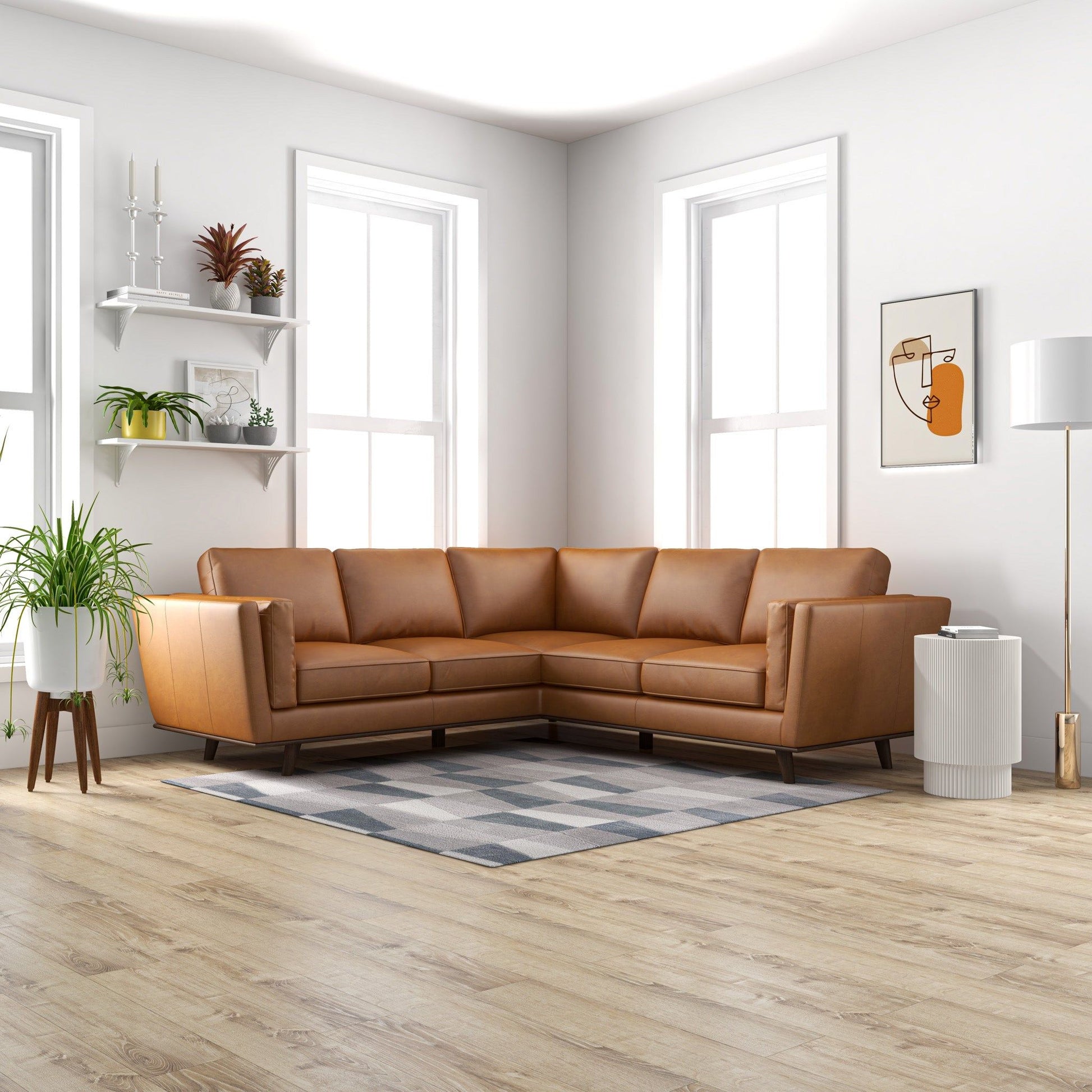 Erman corner sofa tan leather L-shaped sectional in a modern living room on Tampa Home & Garden Store