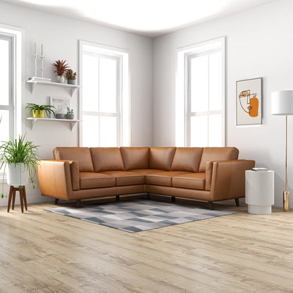 Erman corner sofa tan leather L-shaped sectional in a modern living room on Tampa Home & Garden Store