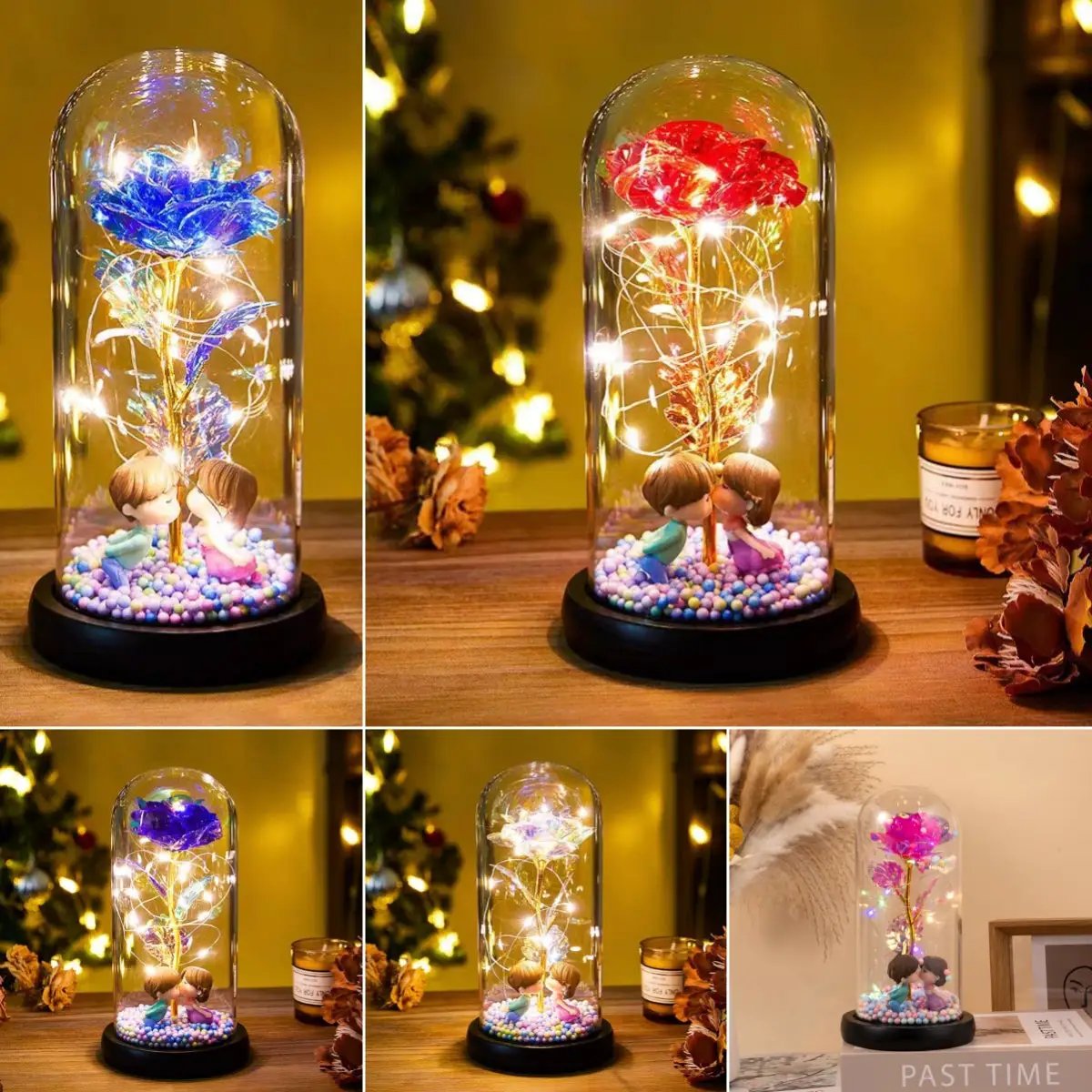Eternal Rose LED Light Foil Flower under glass dome with fairy lights and beaded base on Tampa Home & Garden Store