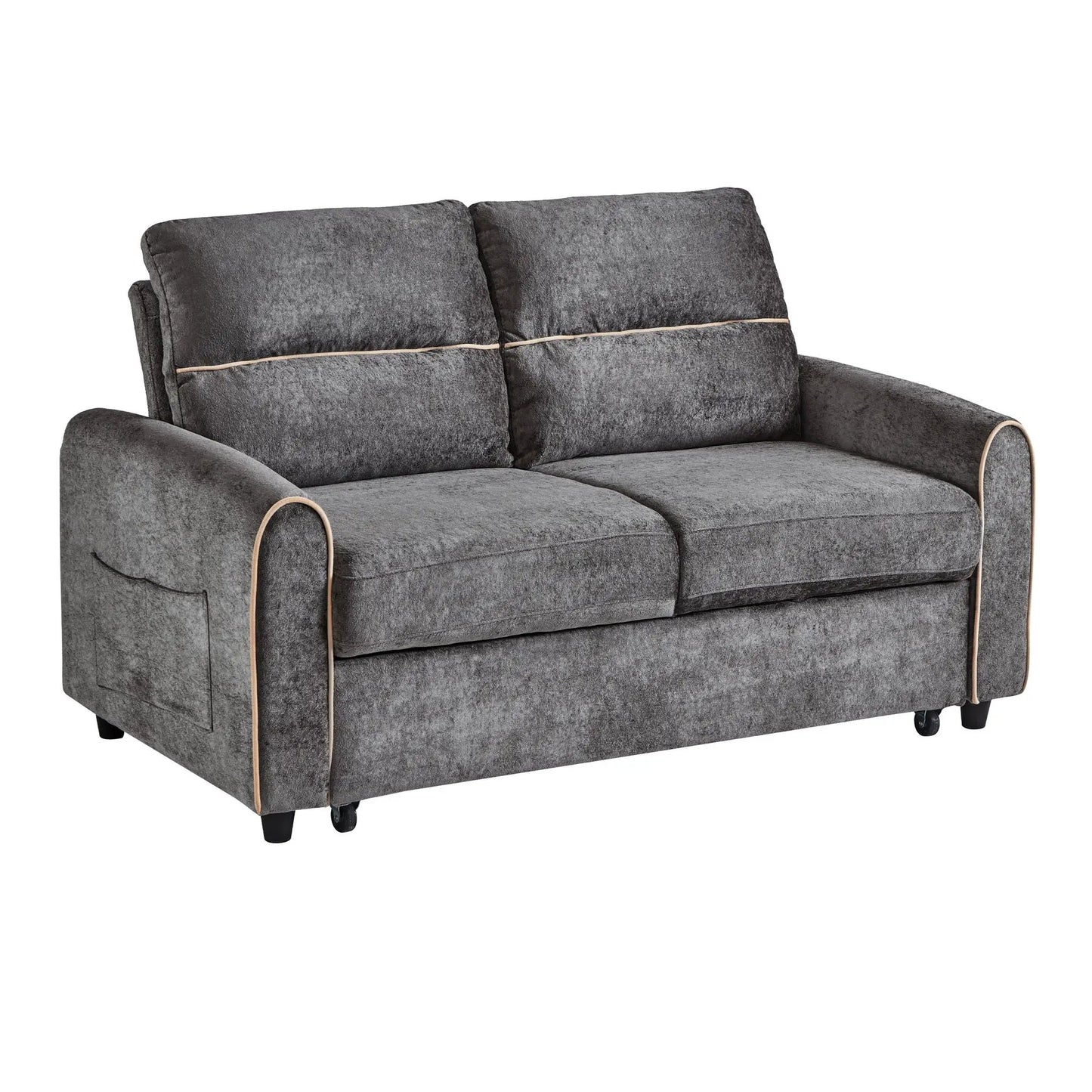 Sleeper loveseat in dark gray textured fabric with beige piping by Unique Piece Furniture on Tampa Home & Garden Store