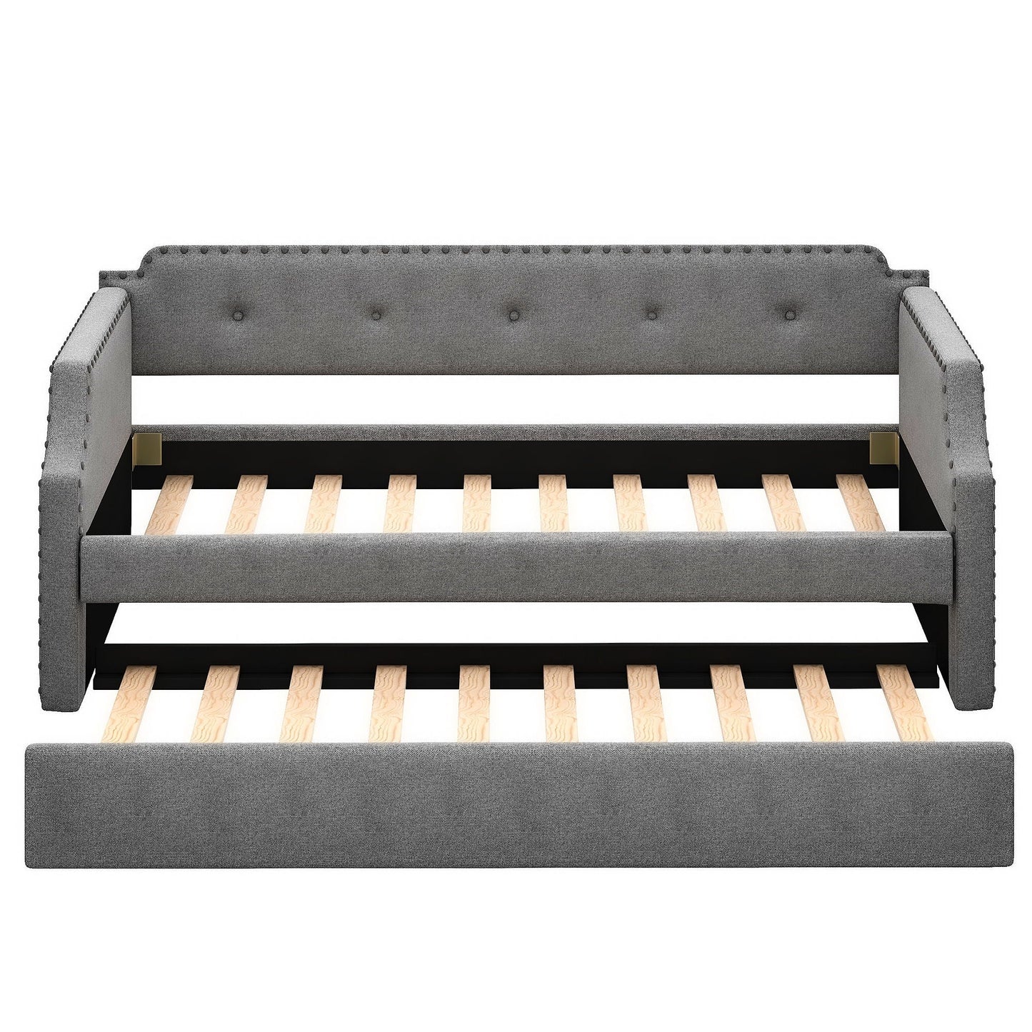 Upholstered daybed with trundle in grey fabric, tufted back and nailhead trim, HouseOfZazla on Tampa Home & Garden Store