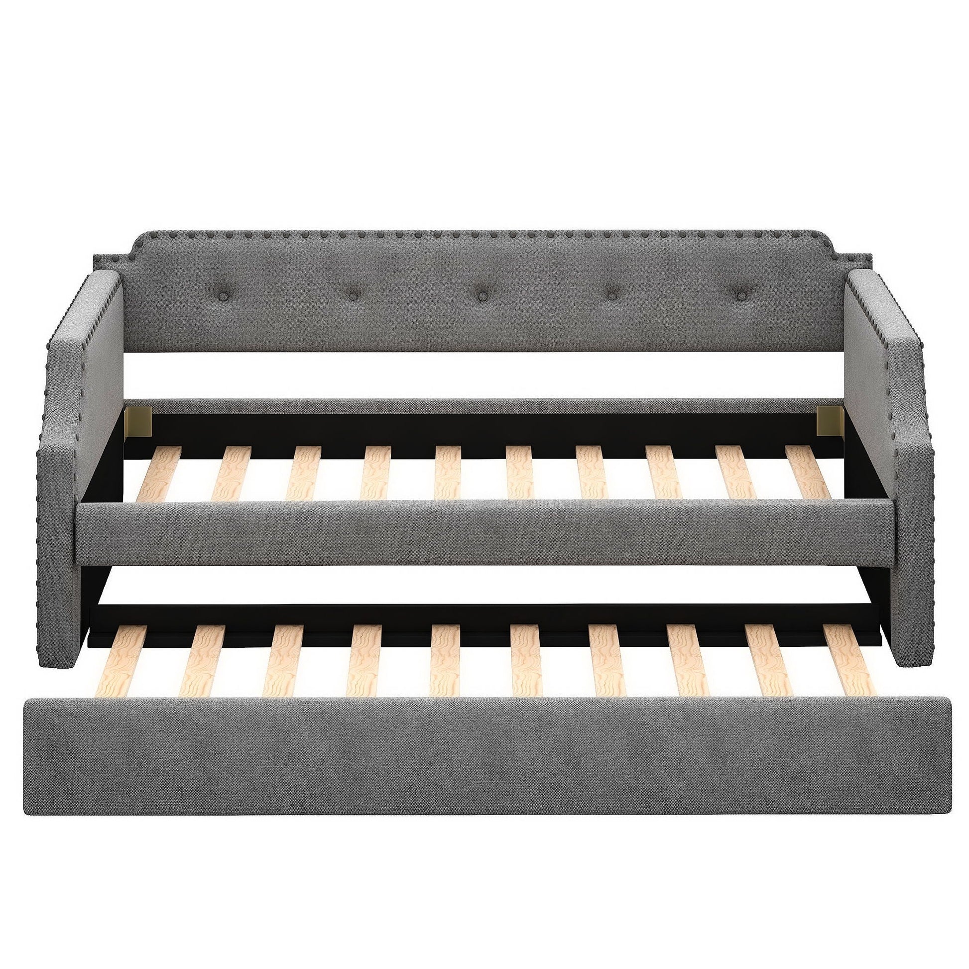 Upholstered daybed with trundle in grey fabric, tufted back and nailhead trim, HouseOfZazla on Tampa Home & Garden Store