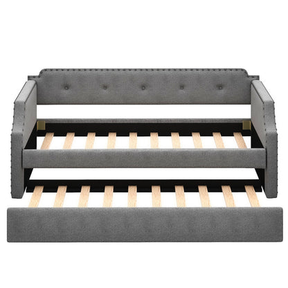 Upholstered daybed with trundle in grey fabric, tufted back and nailhead trim, HouseOfZazla on Tampa Home & Garden Store