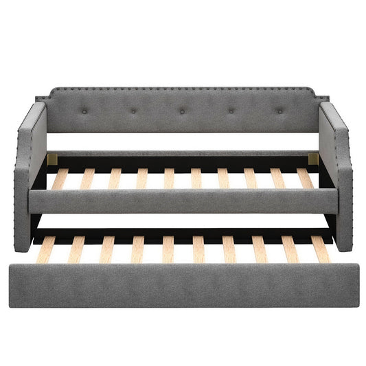 Upholstered daybed with trundle in grey fabric, tufted back and nailhead trim, HouseOfZazla on Tampa Home & Garden Store