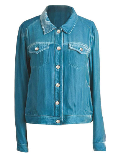 Casual Button-Up Long Sleeve Trucker Jacket teal denim with chest pockets and metal buttons on Tampa Home & Garden Store