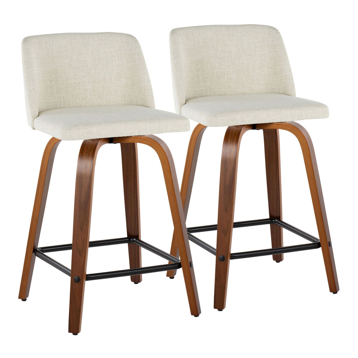 Counter stool set, beige linen upholstery, brown wood legs, 2-pack on Tampa Home & Garden Store