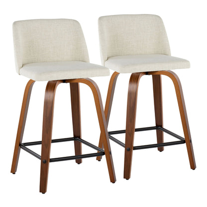 Counter stool set, beige linen upholstery, brown wood legs, 2-pack on Tampa Home & Garden Store