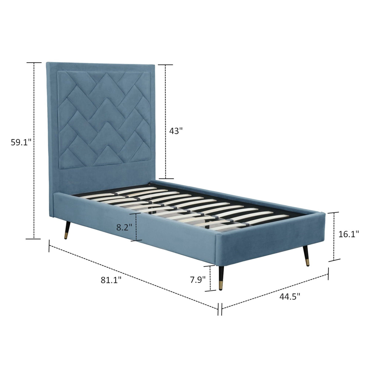 Crosby upholstered bed with tall quilted headboard in blue, slats, mid-century legs HouseOfZazla on Tampa Home & Garden Store