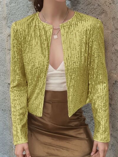 Sequin cropped jacket in gold with open front; glamorous party wear on Tampa Home & Garden Store
