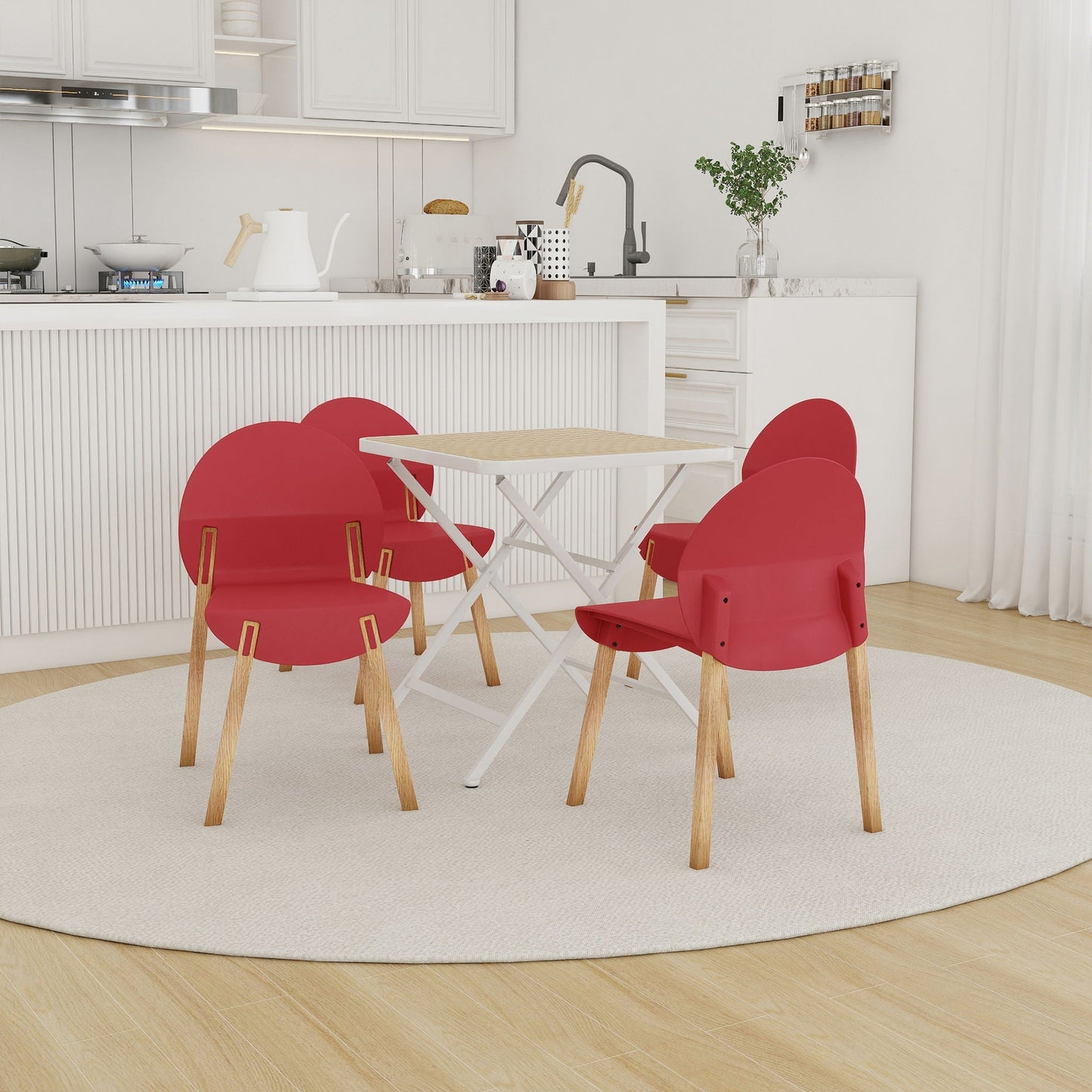 4 piece set of red chairs with wooden legs around a white folding square table in a kitchen on Tampa Home & Garden Store