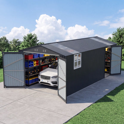 Outdoor Storage Shed 20x10 FT HouseOfZazla metal gray unit with open bays and shelves on Tampa Home & Garden Store