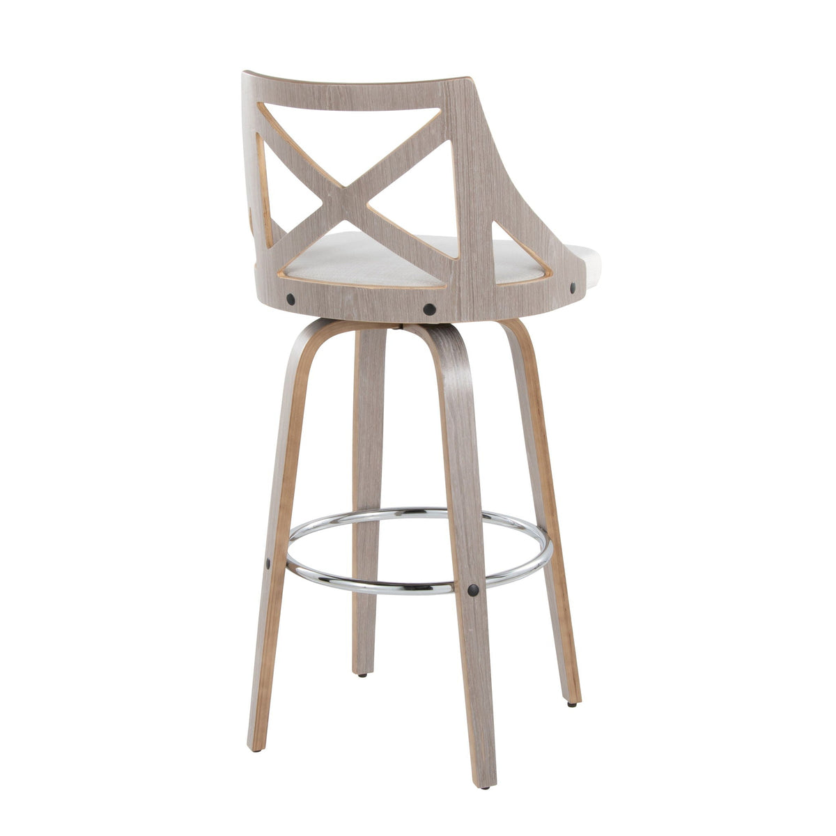 Farmhouse fixed-height bar stool with cross-back, graywashed wood and round chrome footrest on Tampa Home & Garden Store
