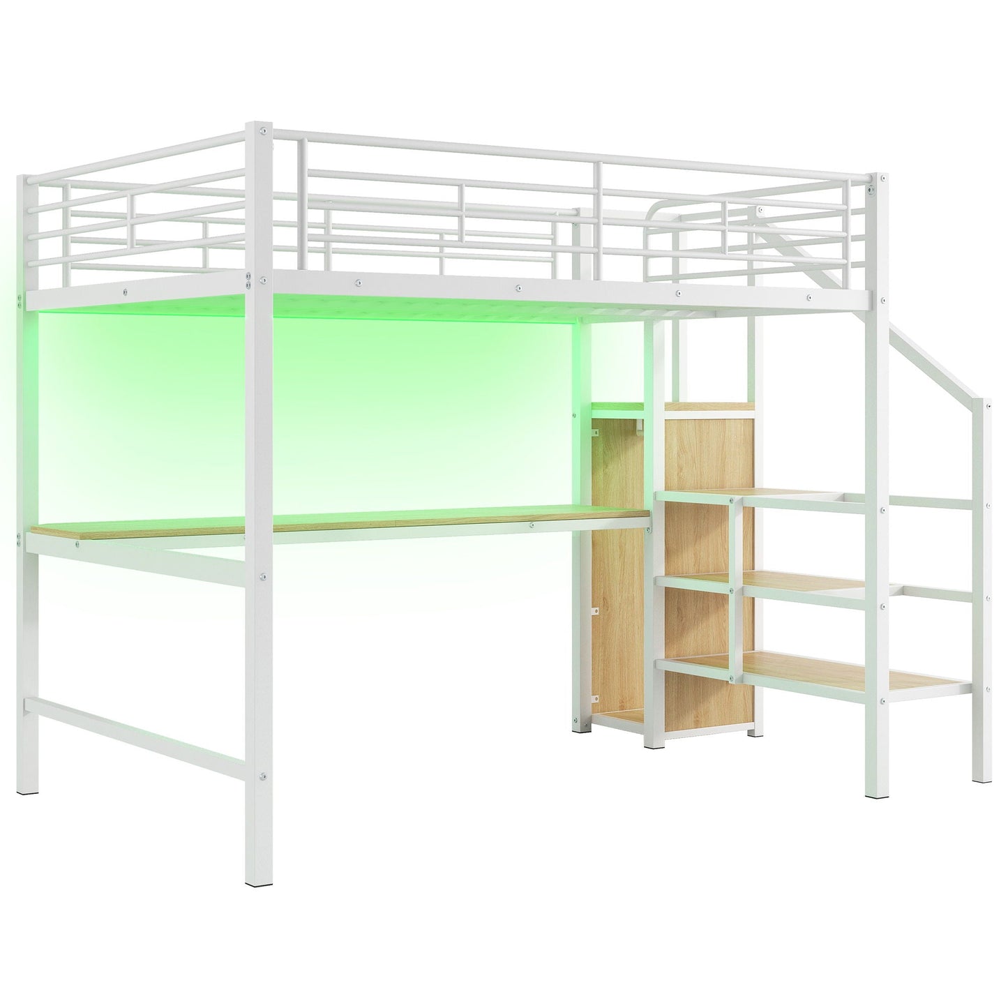 Loft bed with desk, storage staircase and wardrobe, white metal frame with LED lighting on Tampa Home & Garden Store
