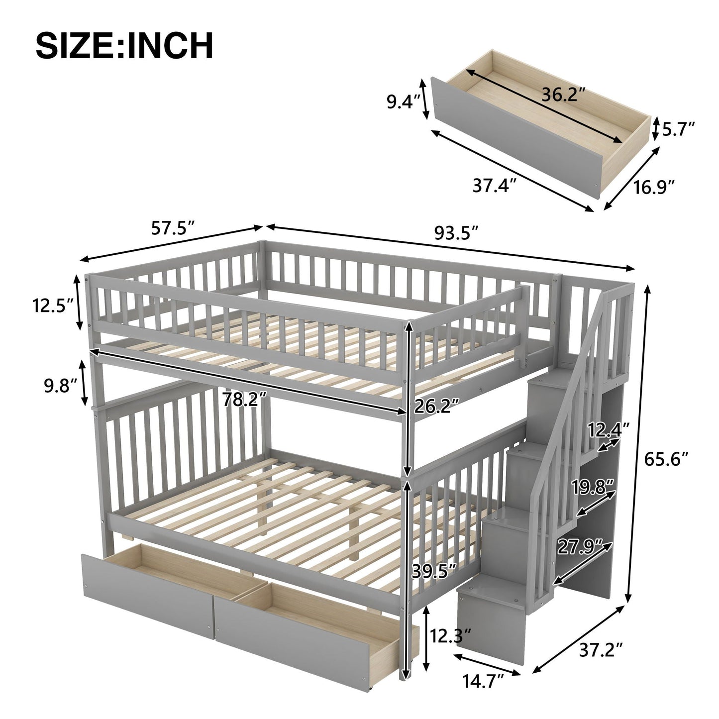 Bunk Bed With Staircase by HouseOfZazla, gray finish with staircase and under-bed drawers on Tampa Home & Garden Store