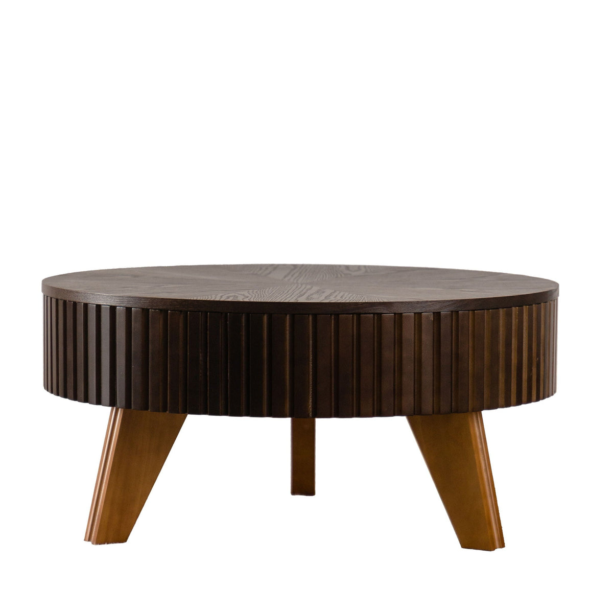 Round retro coffee table with ribbed dark brown finish and solid wood legs on Tampa Home & Garden Store