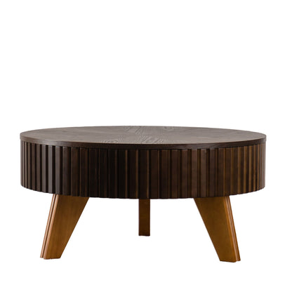 Round retro coffee table with ribbed dark brown finish and solid wood legs on Tampa Home & Garden Store
