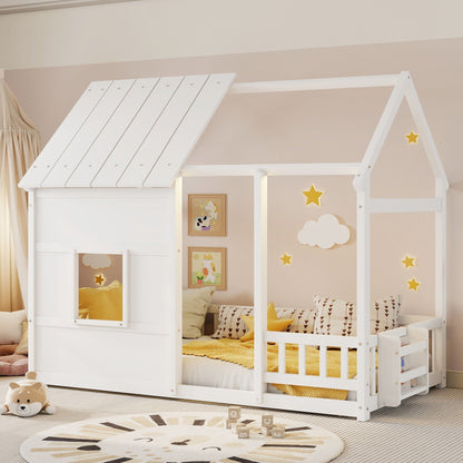 Cozy House Kids Bed with Led Lights and Bookshelf