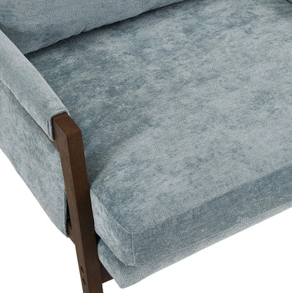 Kelly mid-century velvet accent armchair blue with dark wood armrests on Tampa Home & Garden Store