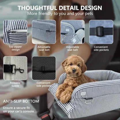 Center Console Dog Car Seat for Small Dogs, blue striped fabric with anti-slip bottom on Tampa Home & Garden Store