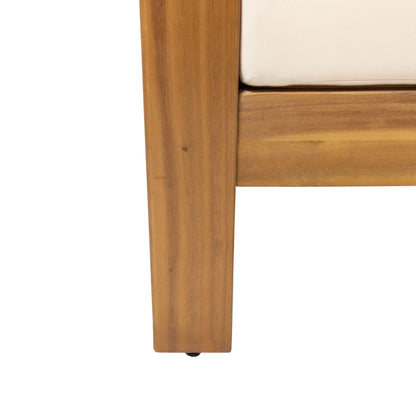 Slat Design Club Chairs With Cushions wooden outdoor arm chair with beige cushion closeup on Tampa Home & Garden Store