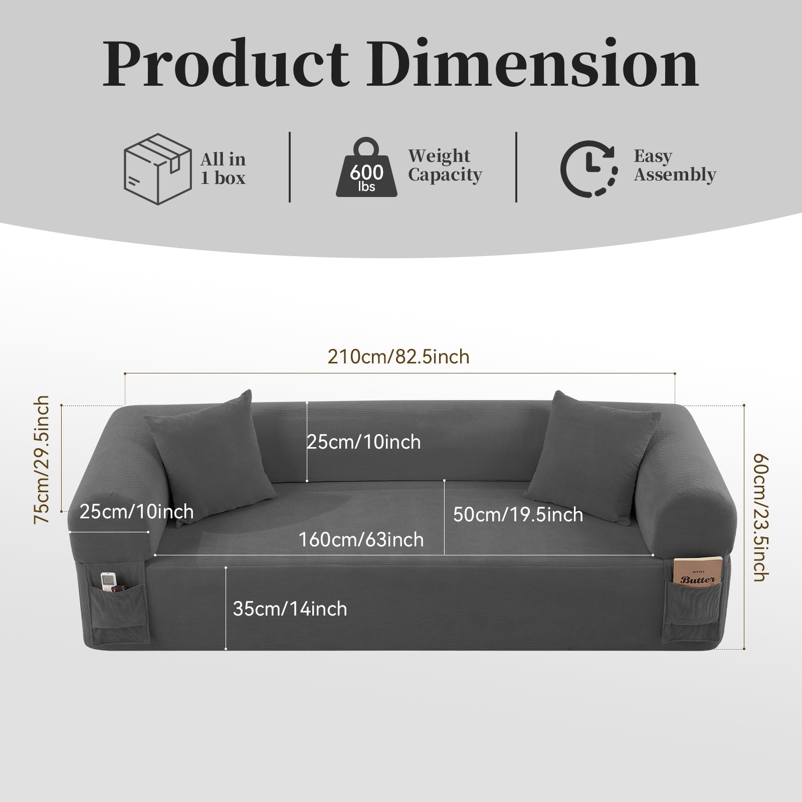 Spring Sofa gray fabric with pillows and built-in storage by HouseOfZazla, 210 cm wide on Tampa Home & Garden Store