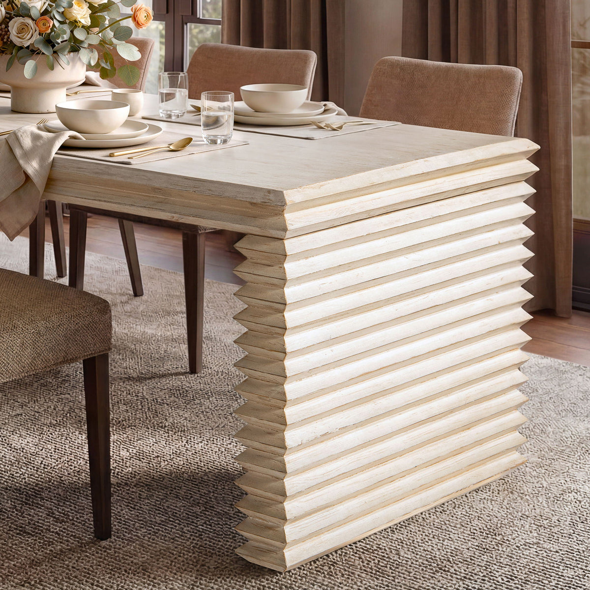 Geometric Waterfall Dining Table with Sculptural White Base set with neutral tableware on Tampa Home & Garden Store