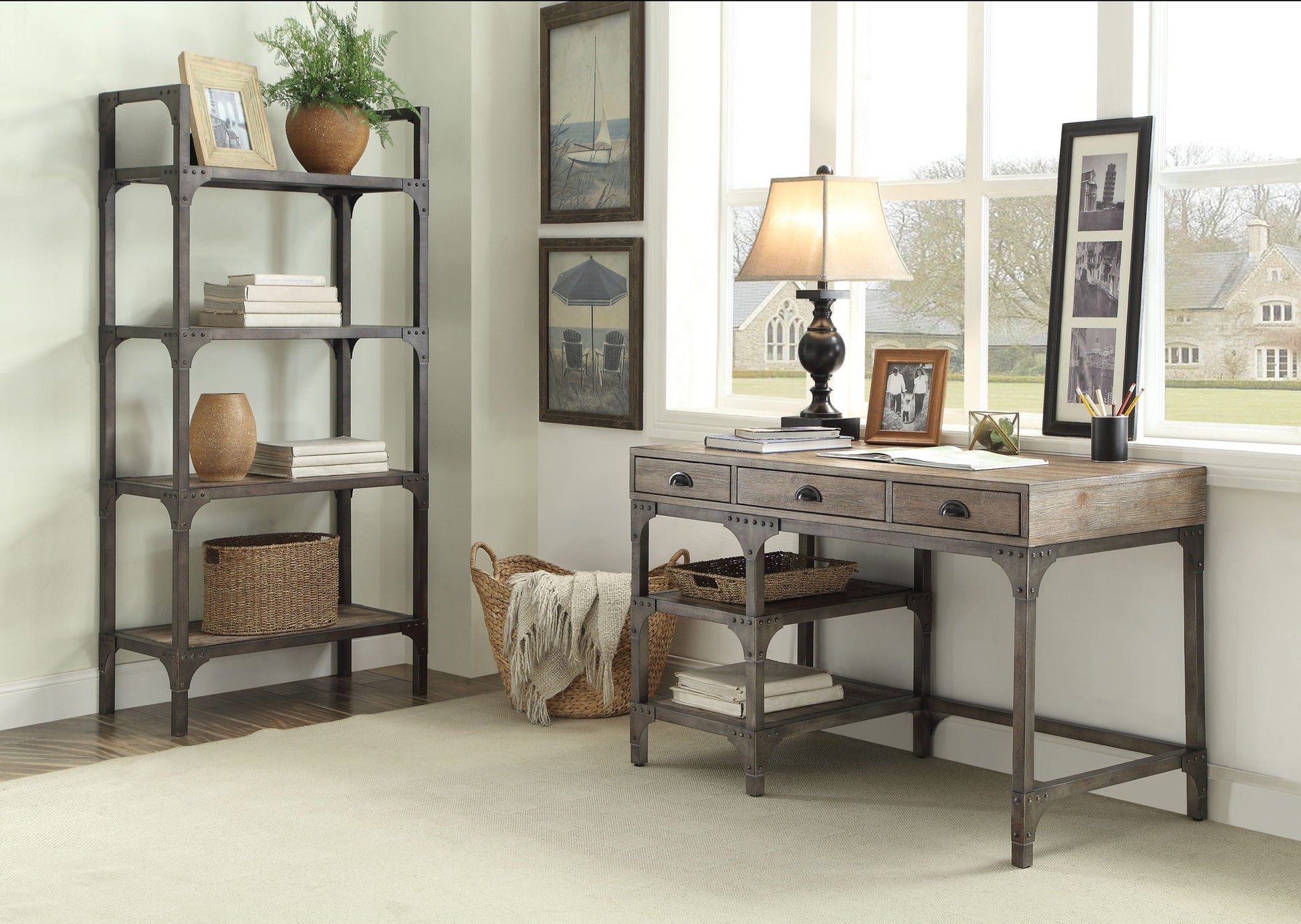 Gorden weathered antique metal writing desk in oak with riveted frame and three drawers on Tampa Home & Garden Store