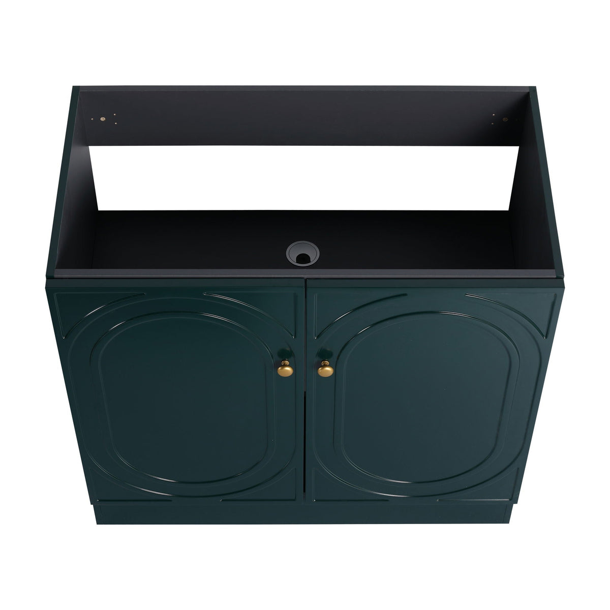 Freestanding vanity HouseOfZazla in dark teal with dual doors, brass knobs, soft-close on Tampa Home & Garden Store